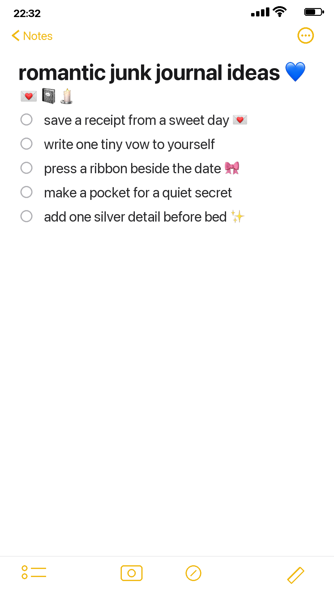 iPhone Notes style checklist of romantic junk journal ideas with natural emoji
