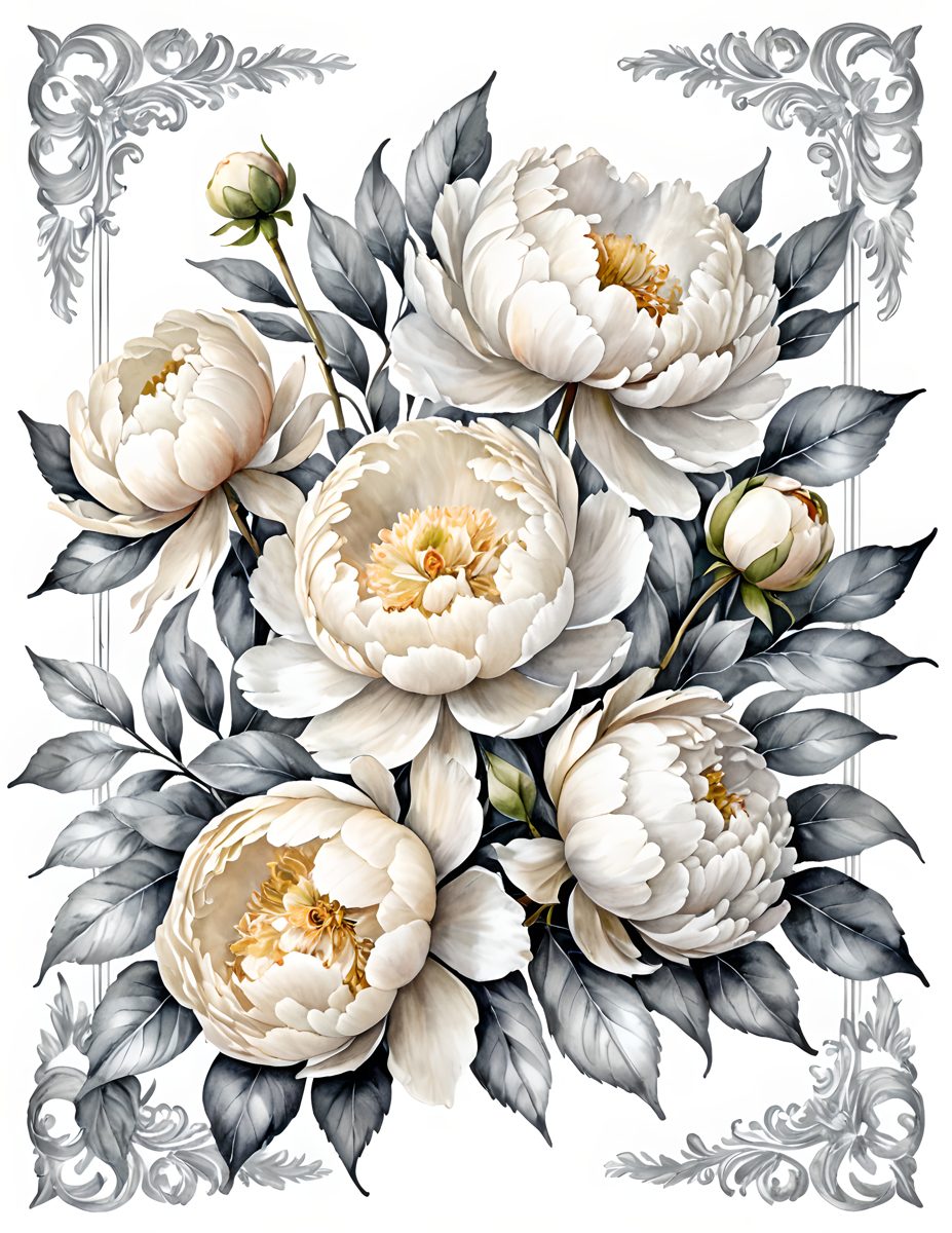 Silver Vow printable junk journal page with cream roses and silver-grey foliage