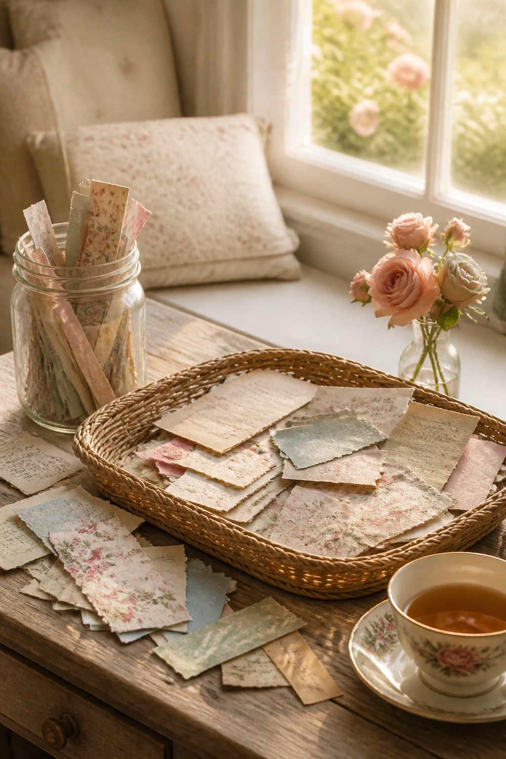 Sunlit cottage table with a wicker tray and jar filled with clearly paper-based floral scraps