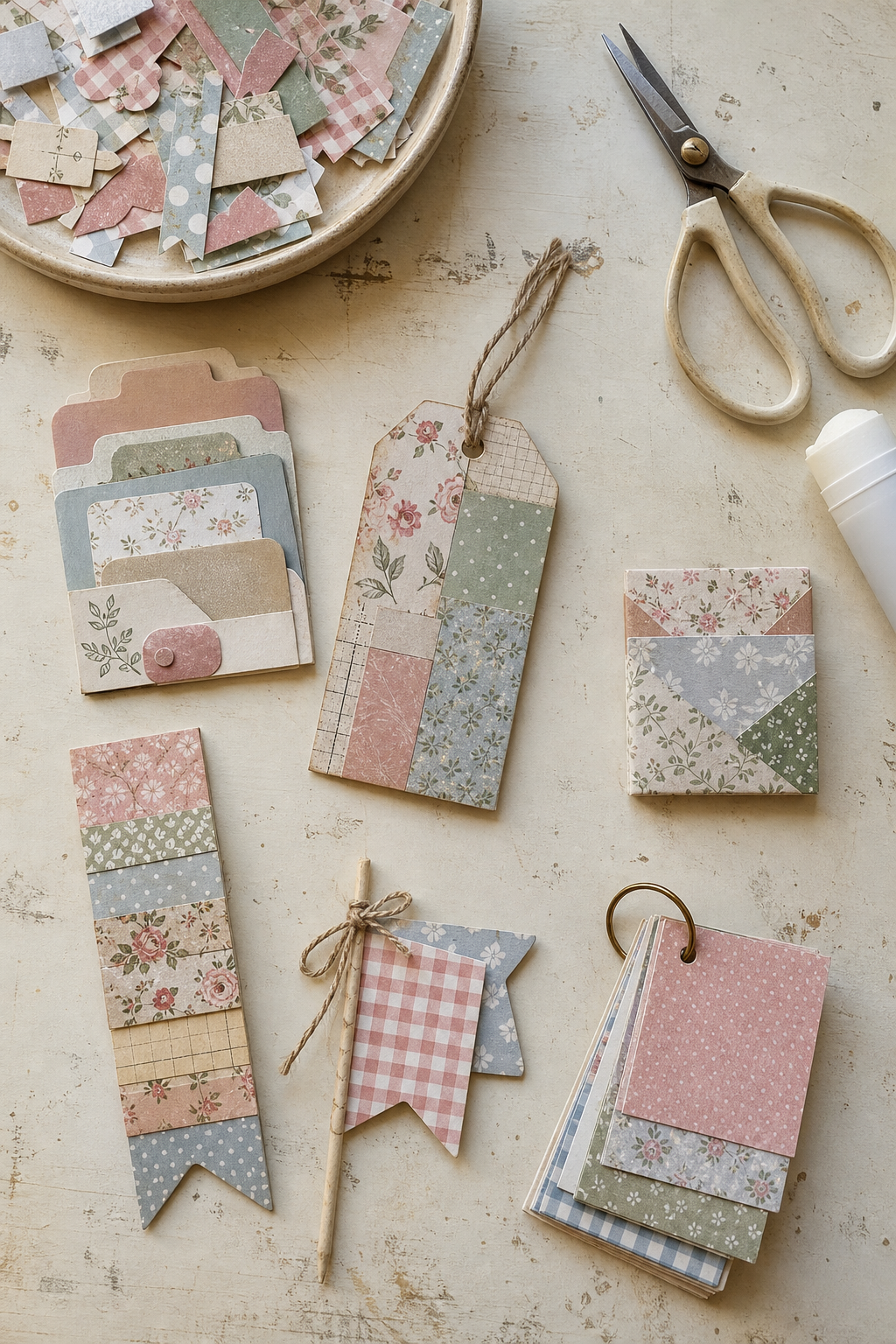 Overhead paper scrap projects including tabs, patchwork tag, pocket, strip, gift flag, and swatch book