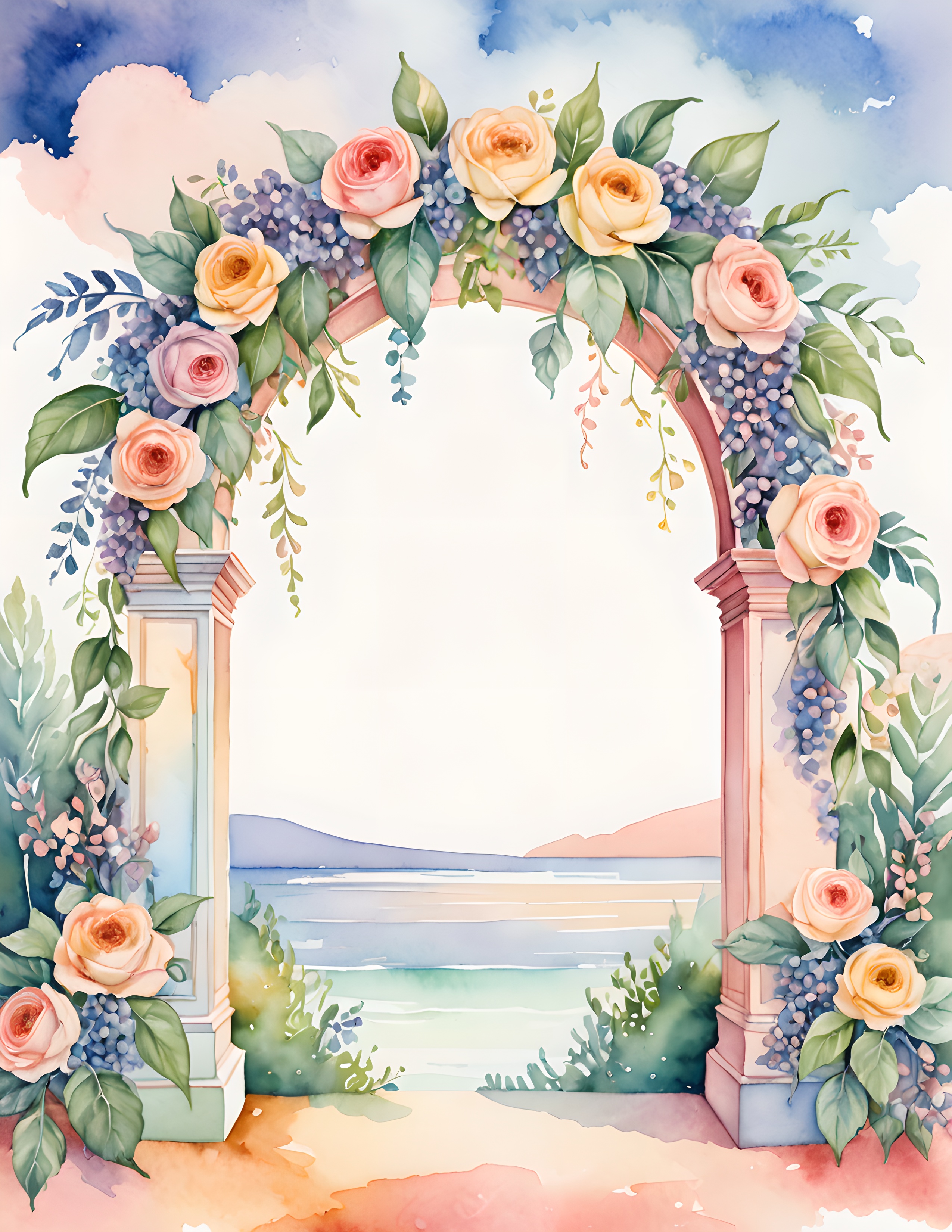 Real Pastel Drift printable page with a pastel rose arch and water view