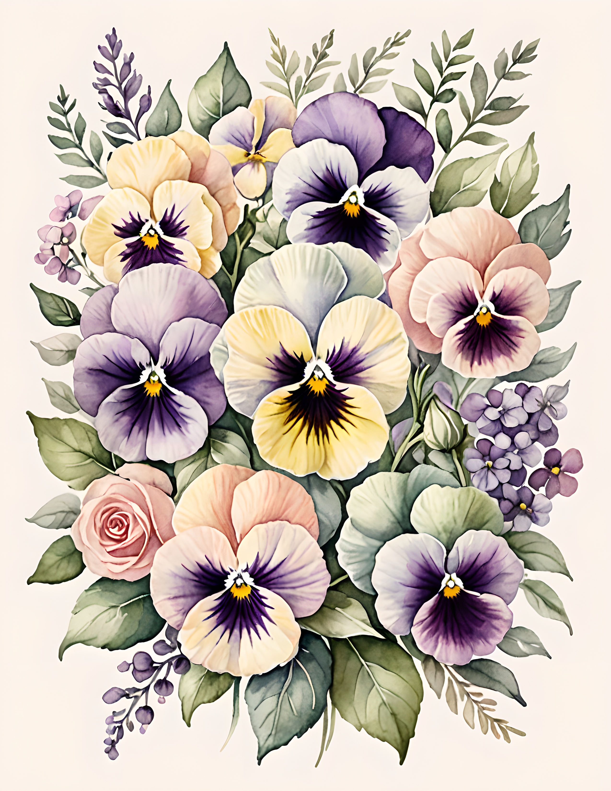 Real Cottage Mist printable page with pansies and roses on cream