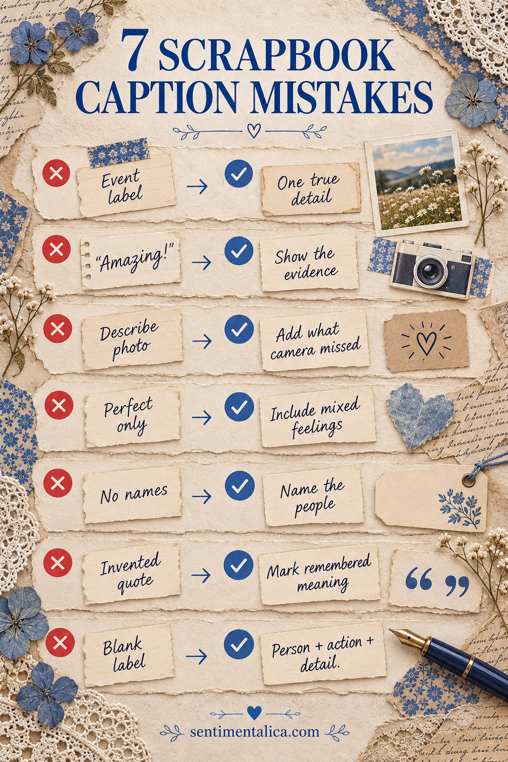 Seven scrapbook caption mistakes shown with specific before-and-after examples