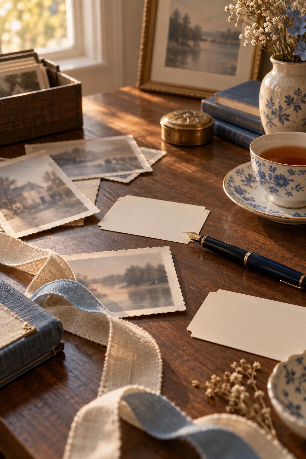 Warm writing table with family photographs, caption cards, fountain pen, and late afternoon light