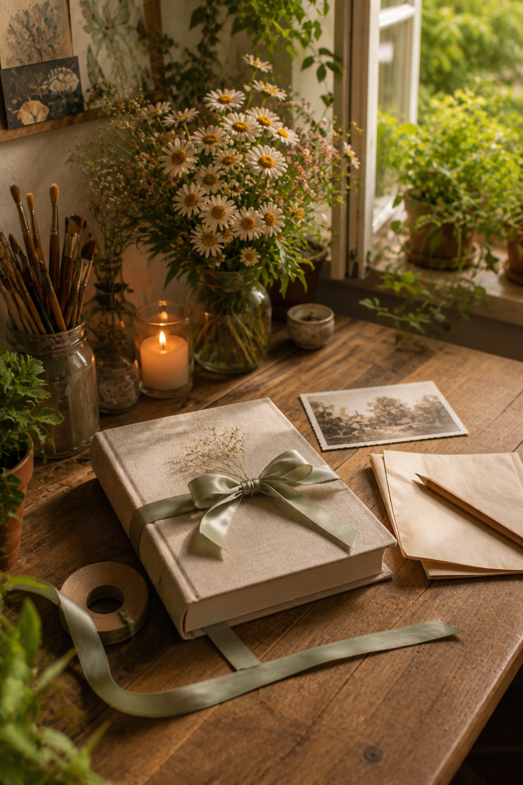 Linen family scrapbook with photograph and folded letter paper on a warm desk