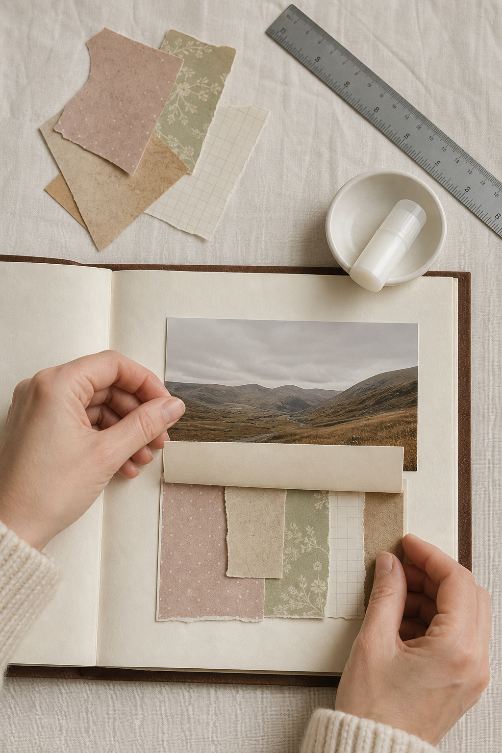 Hands arranging a hinged photograph above a hidden scrapbook note