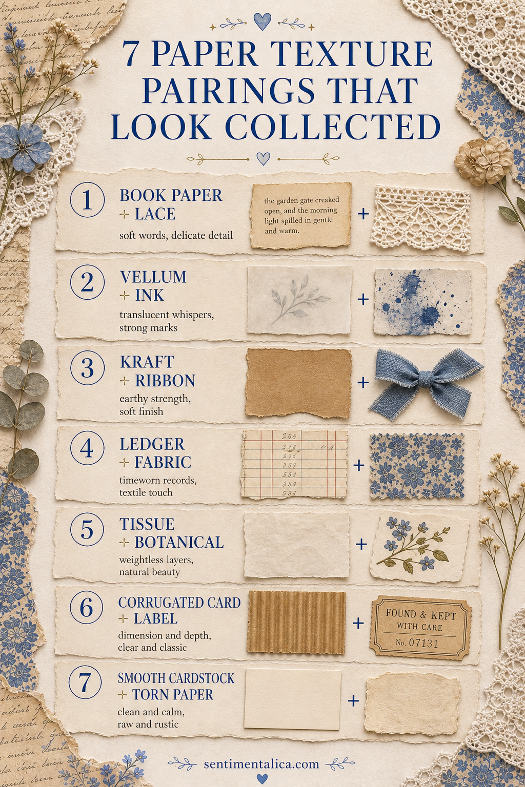 Infographic of seven balanced paper texture pairings for journals and scrapbooks