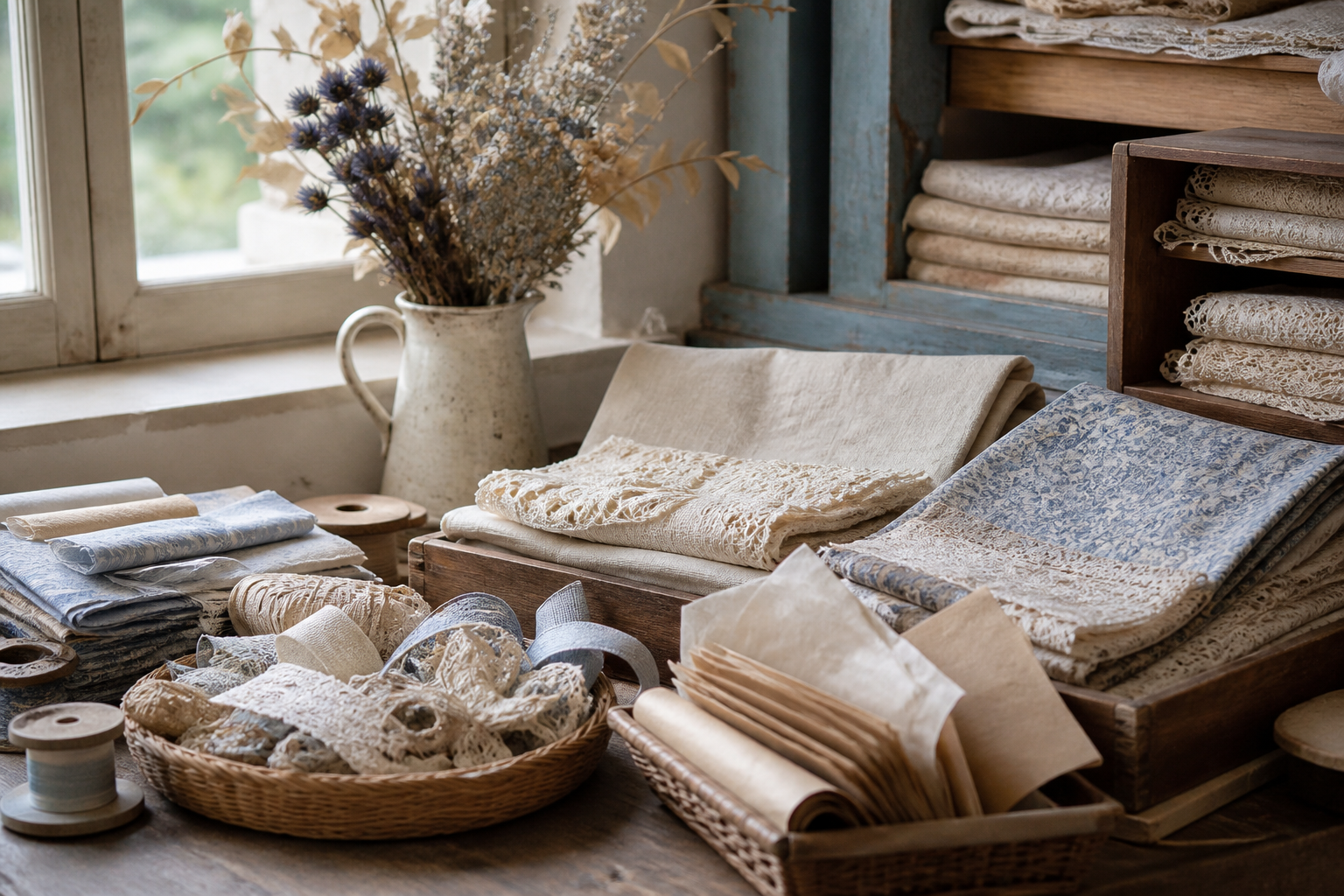 Wide still life of varied vintage paper textures arranged on a craft table
