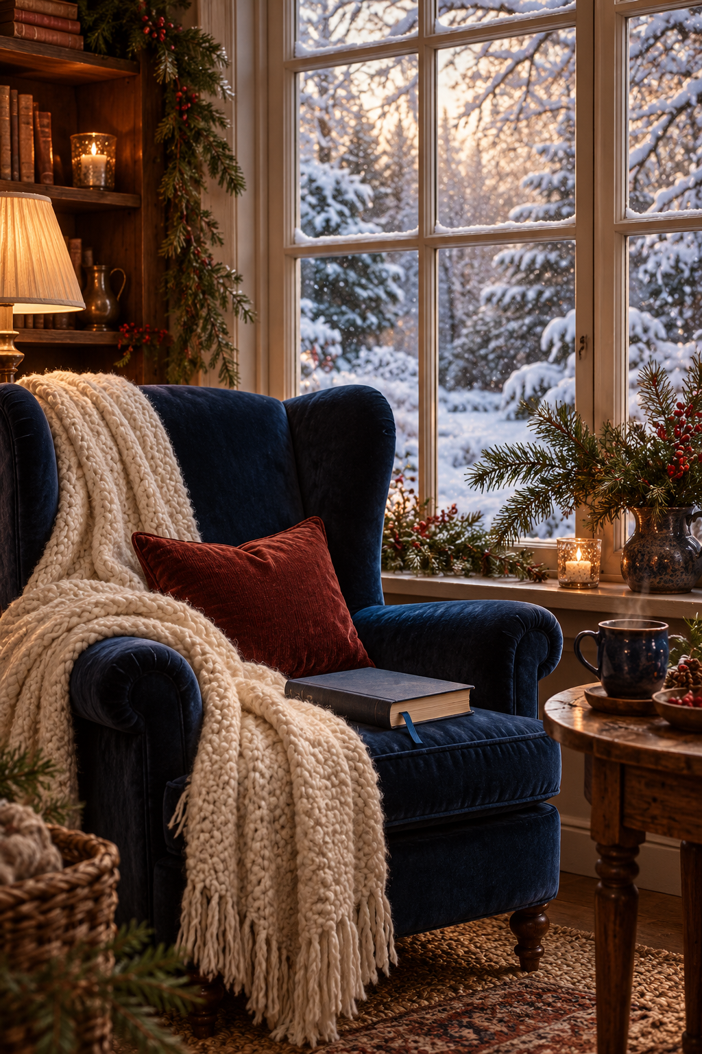 Illustrative winter atmosphere with layered cottage textures and warm light