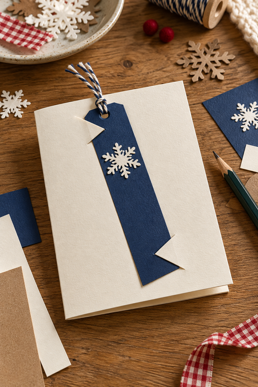Illustrative navy bookmark held by two diagonal corner slits in a cream card panel