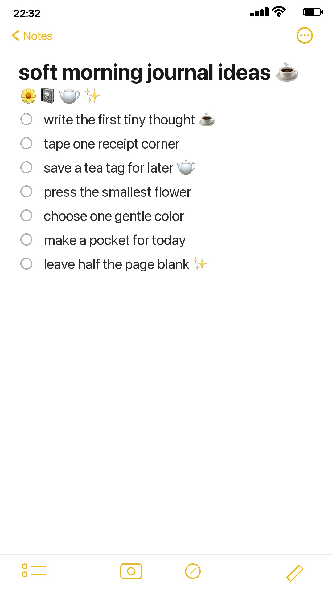 iPhone Notes list of soft morning journal ideas
