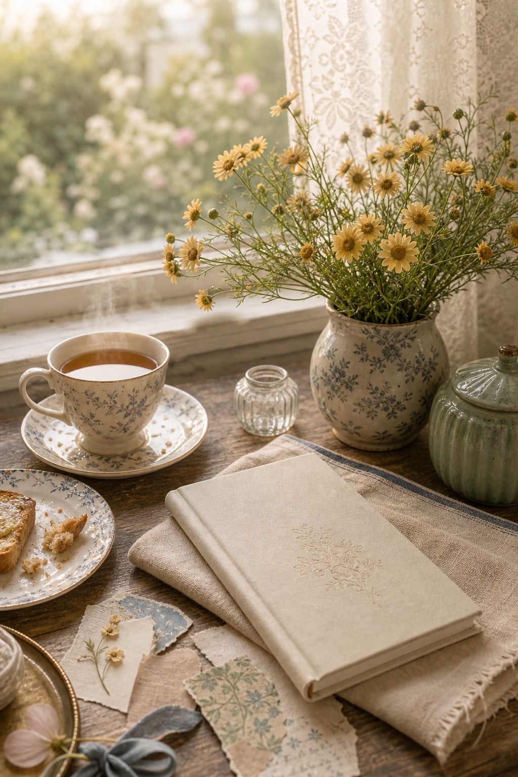 Soft morning tea table with daisies and a closed cream notebook