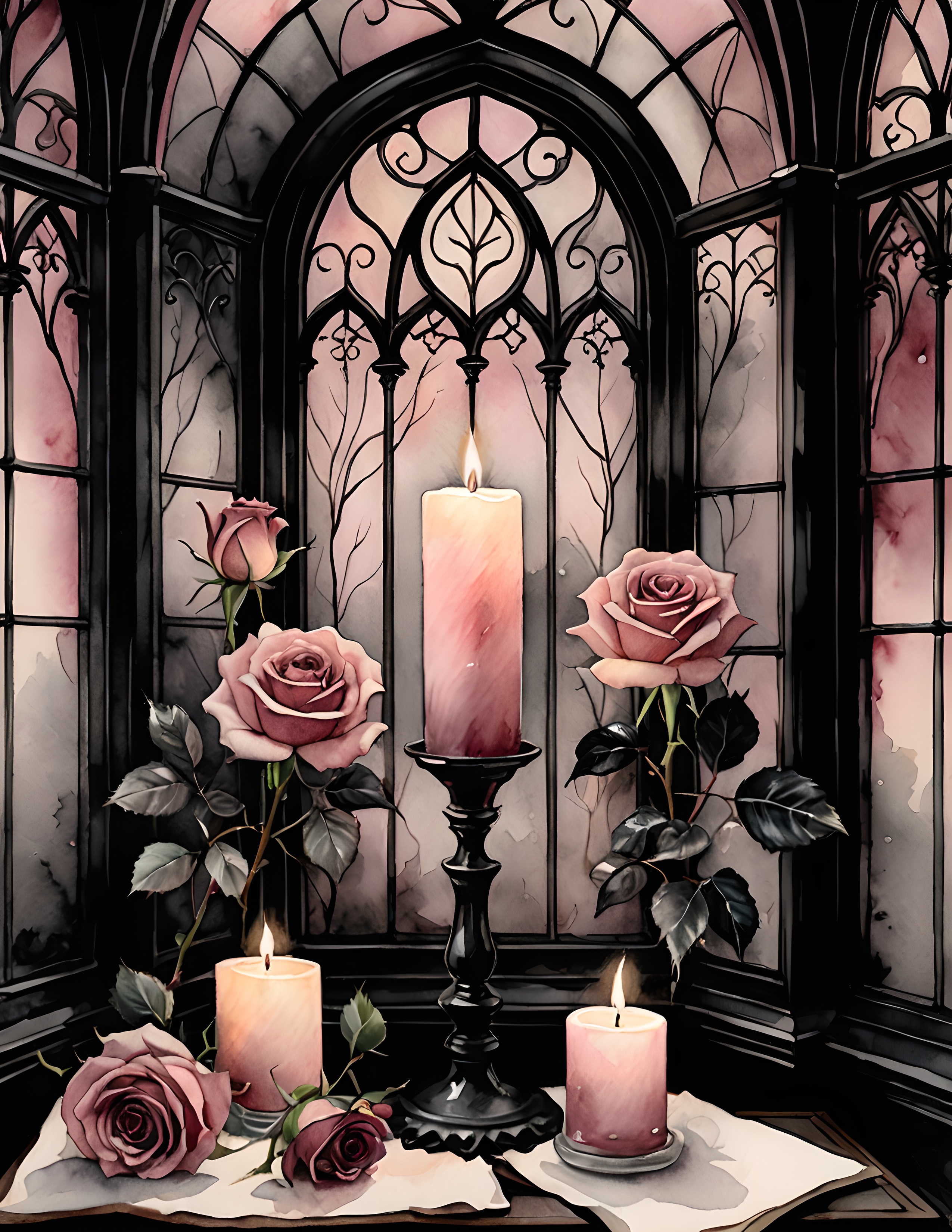 Raven Rose stained-glass and candle artwork