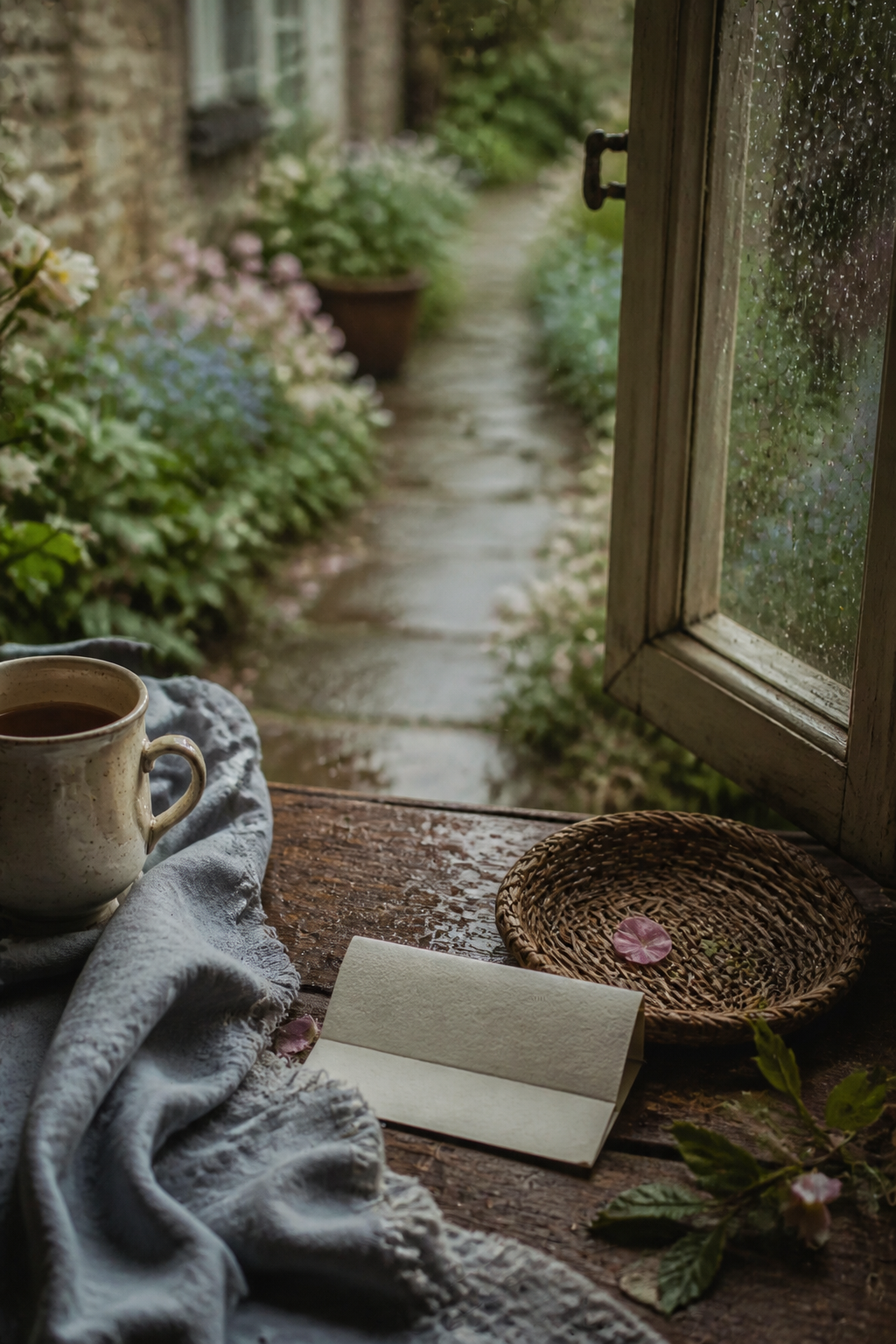 Rainy cottage garden path with a fallen petal and blank note card by an open window