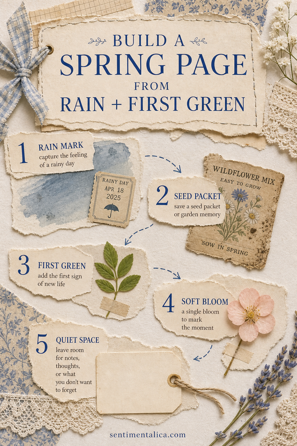 Spring junk journal page guide using rain, a seed packet, first green, one bloom, and quiet writing space