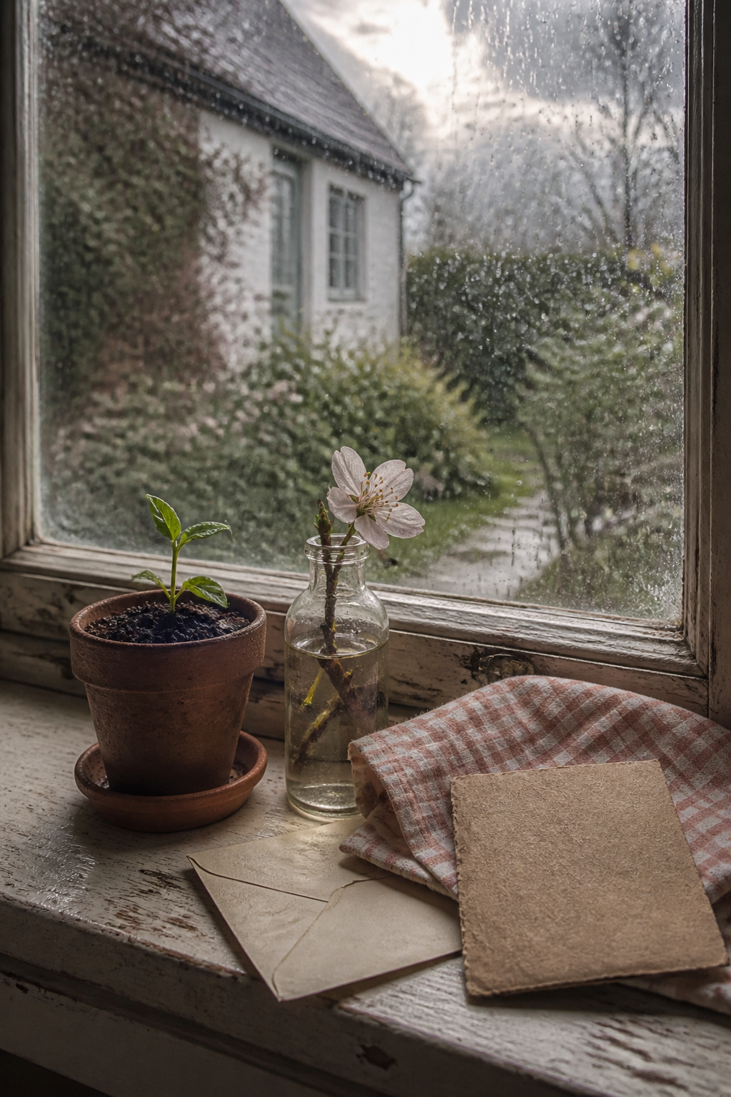 Rainy cottage window with a first green seedling, pale blossom, gingham cloth, and cream envelope