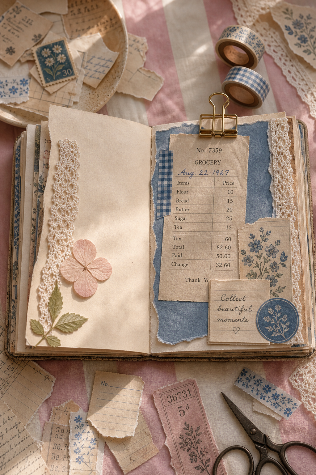 A realistic junk journal process scene where one receipt is used as the first layer with lace, blue backing paper, pressed flower, tiny note, and scissors