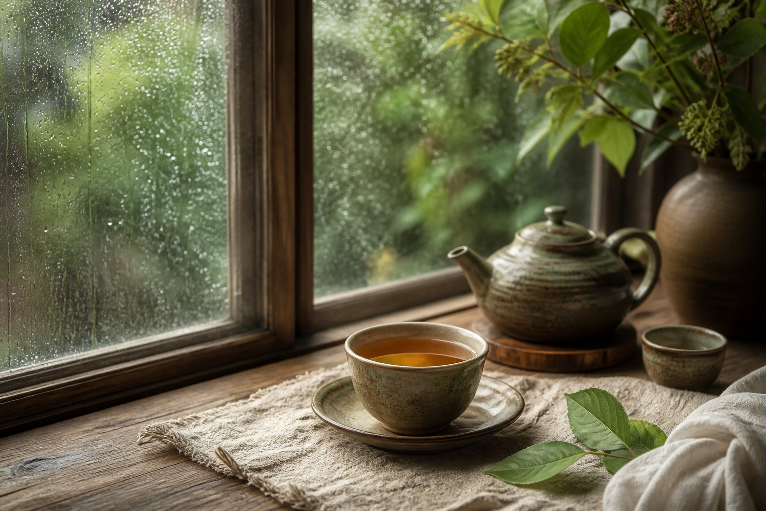 Atmospheric Tea Bloom journal scene using cream, olive, apricot, and soft brown