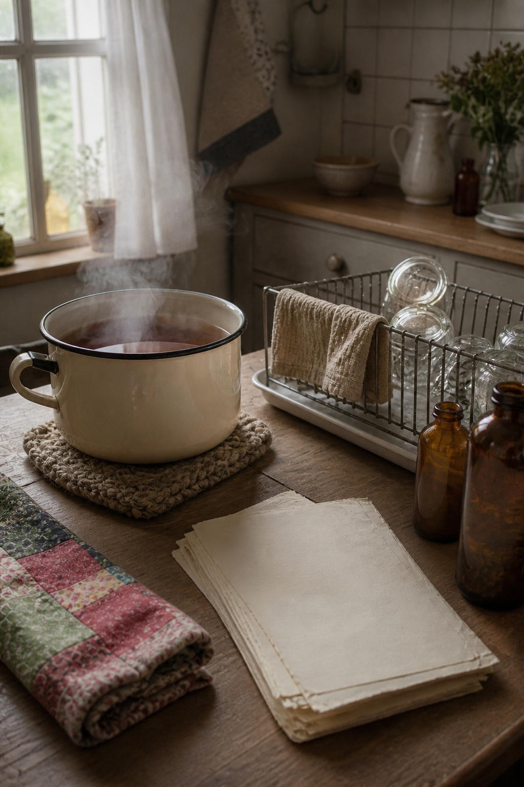 Cozy kitchen table with a steaming enamel pot, drying rack, cotton cloth, cream paper, and amber bottles