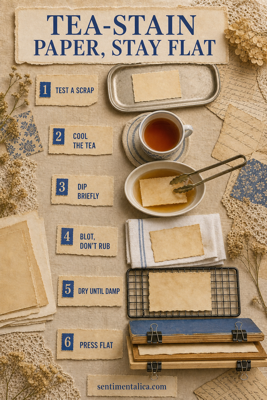 Six-step infographic for tea-staining paper while keeping it flat