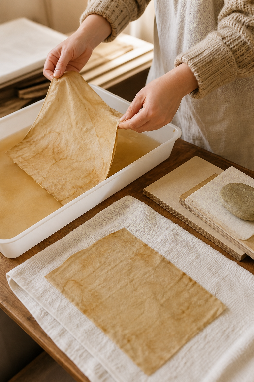 Hands lifting a softly tea-stained sheet from a shallow tray onto a cotton towel