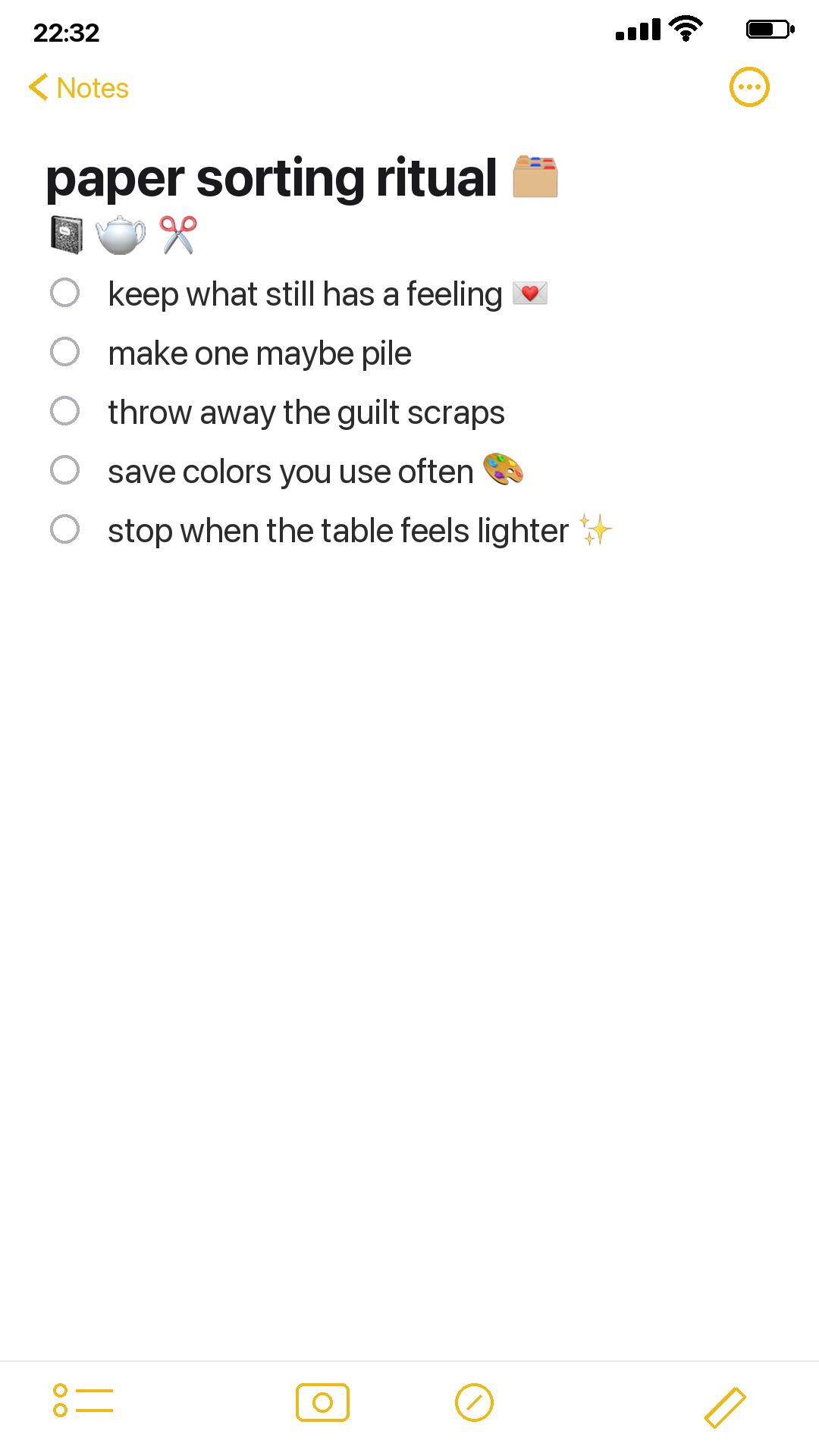 iPhone Notes checklist for a ten-minute paper sorting ritual