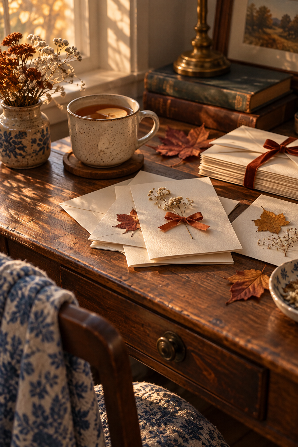 A warm writing desk with handmade autumn thank-you cards and envelopes