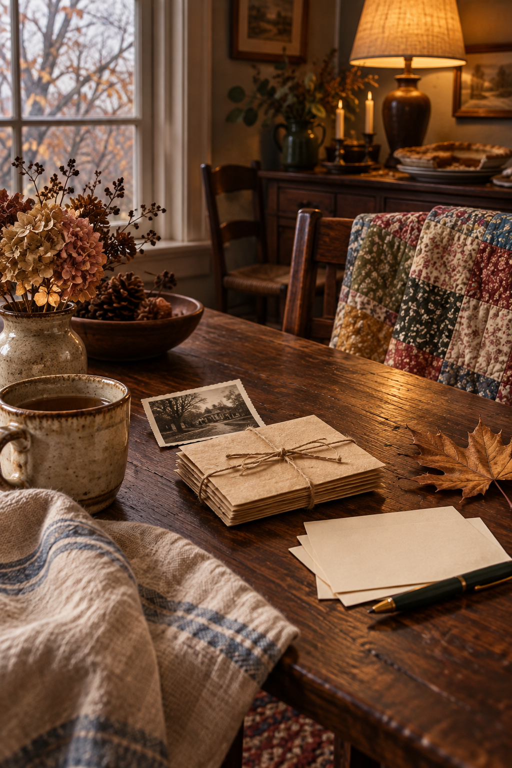 A warm rustic writing table with a closed memory folio and saved photograph