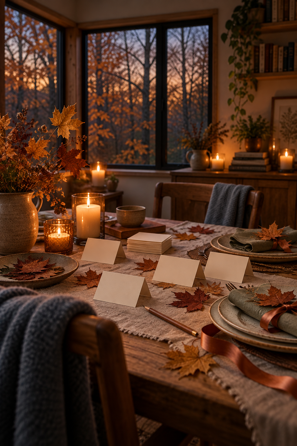 An autumn table set with blank folded place cards and pressed leaves