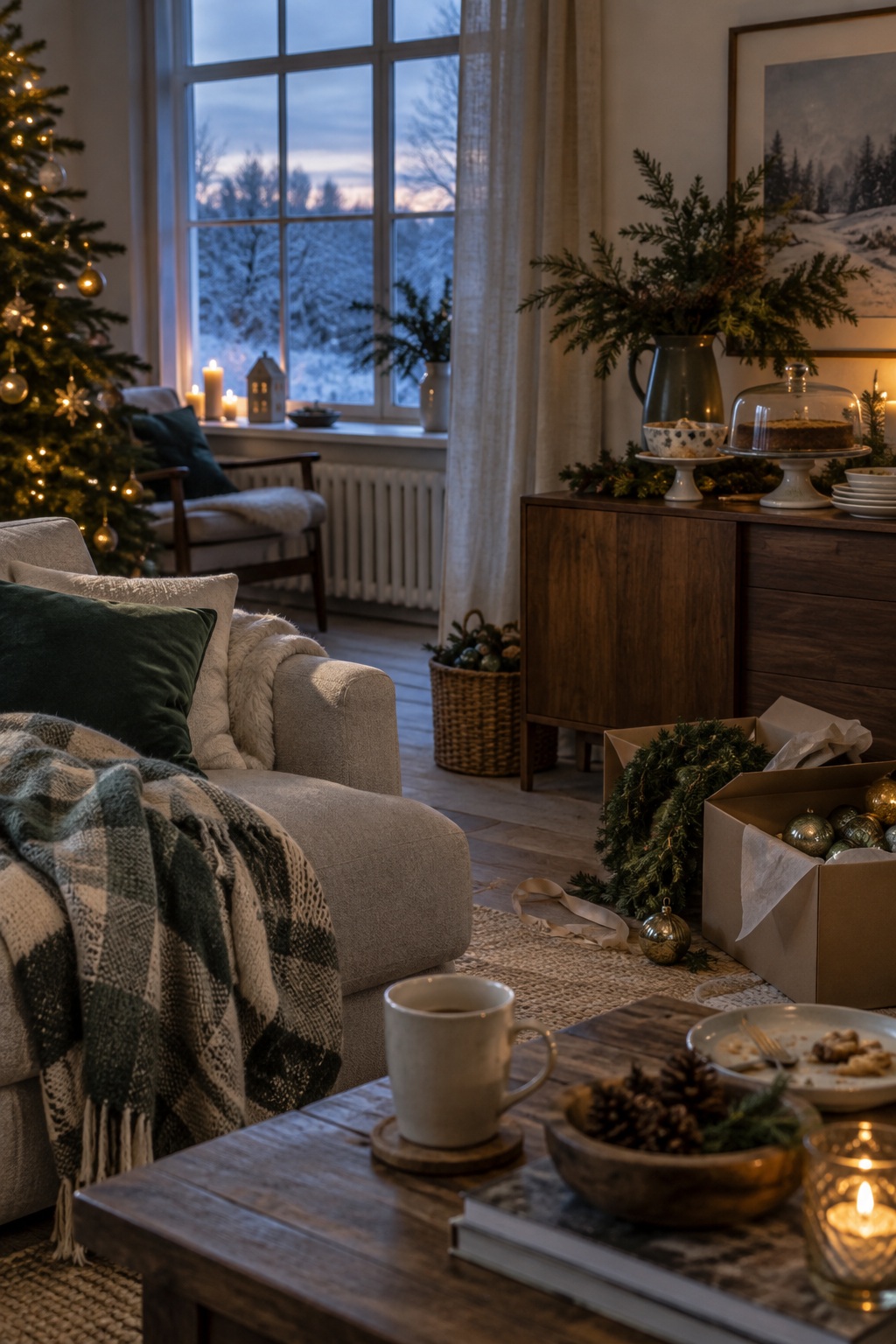 Living room during the quiet week after Christmas with half-packed decorations, tea, and winter light.