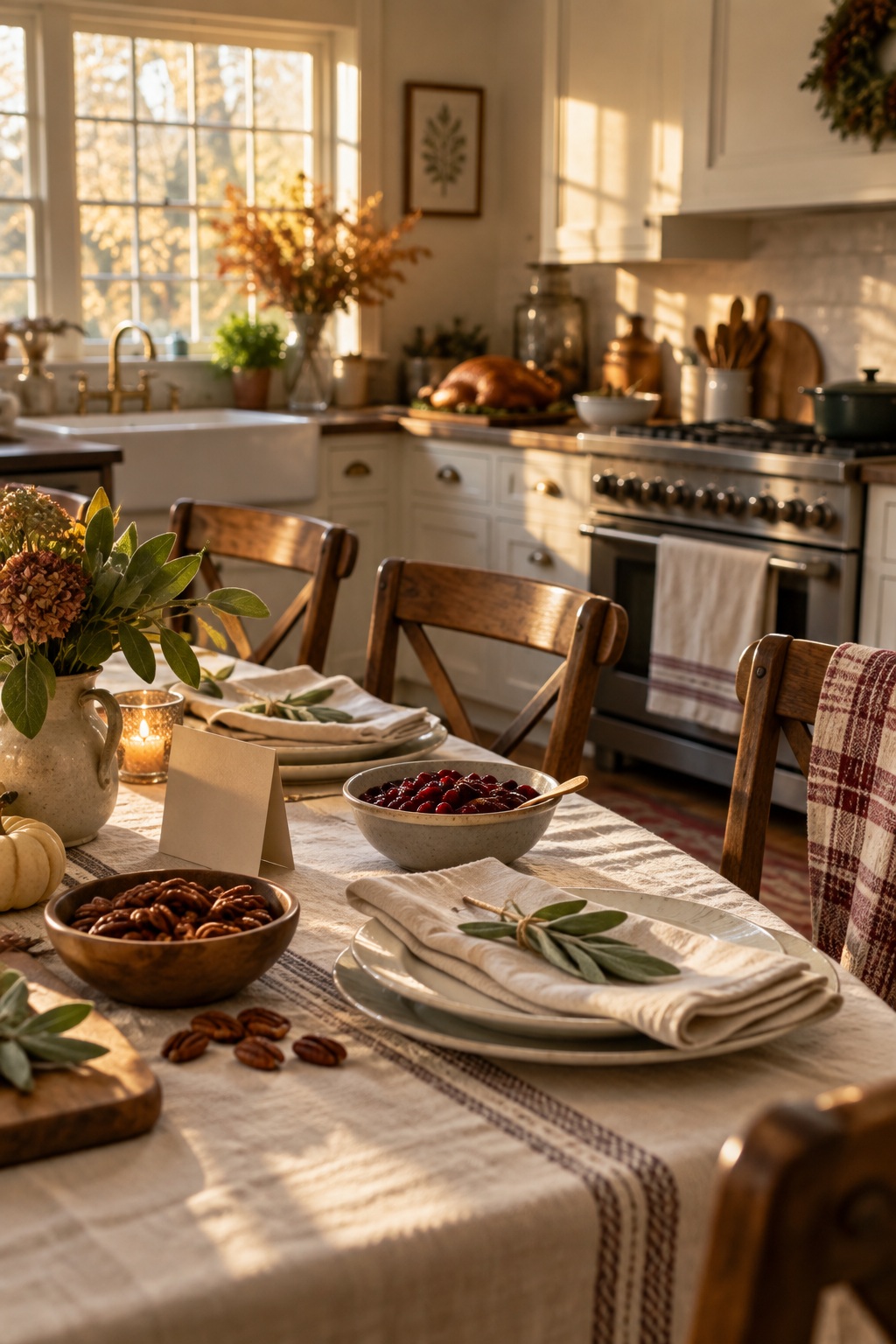 Thanksgiving table after dinner with used plates, linen napkins, candlelight, and the comfortable traces of family time.