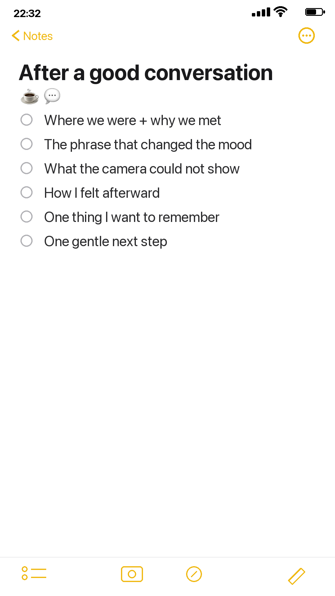 Realistic iPhone Notes checklist of six prompts to use after a meaningful conversation