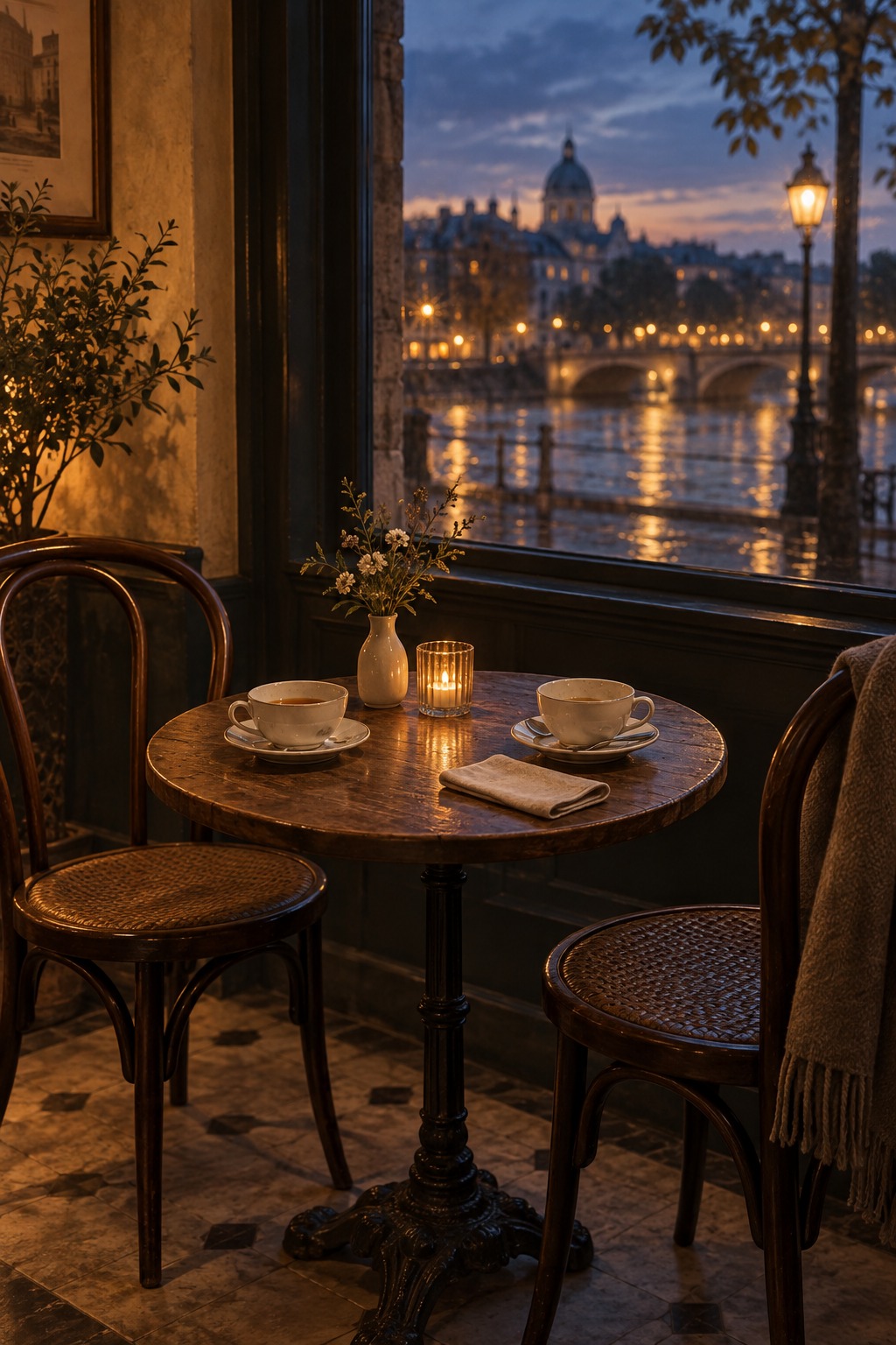 Two empty chairs beside a small café table with cooling tea and soft evening window light