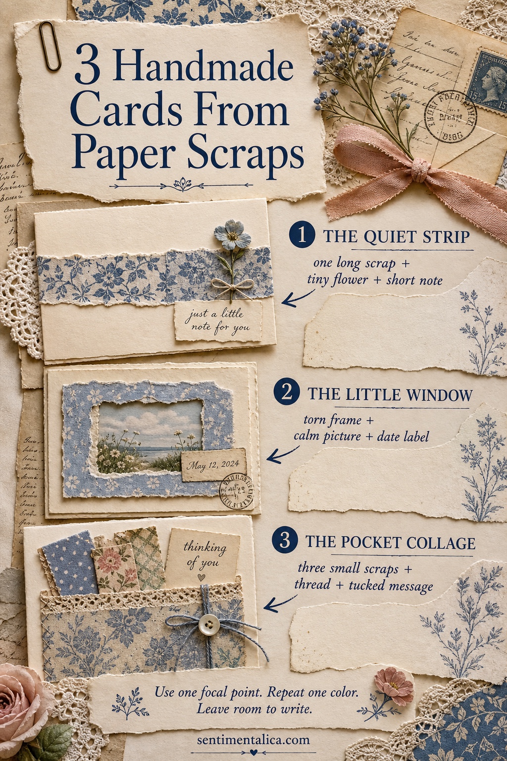 Infographic showing three handmade card layouts made from paper scraps