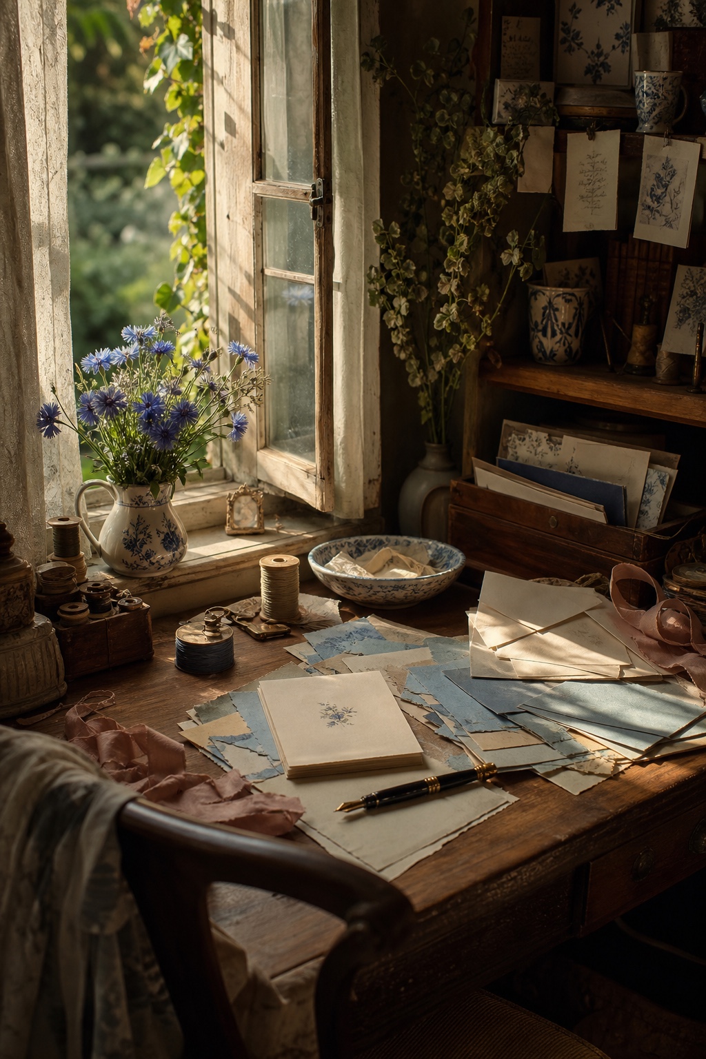 Romantic paper maker's desk beside an open garden window with envelopes and saved scraps