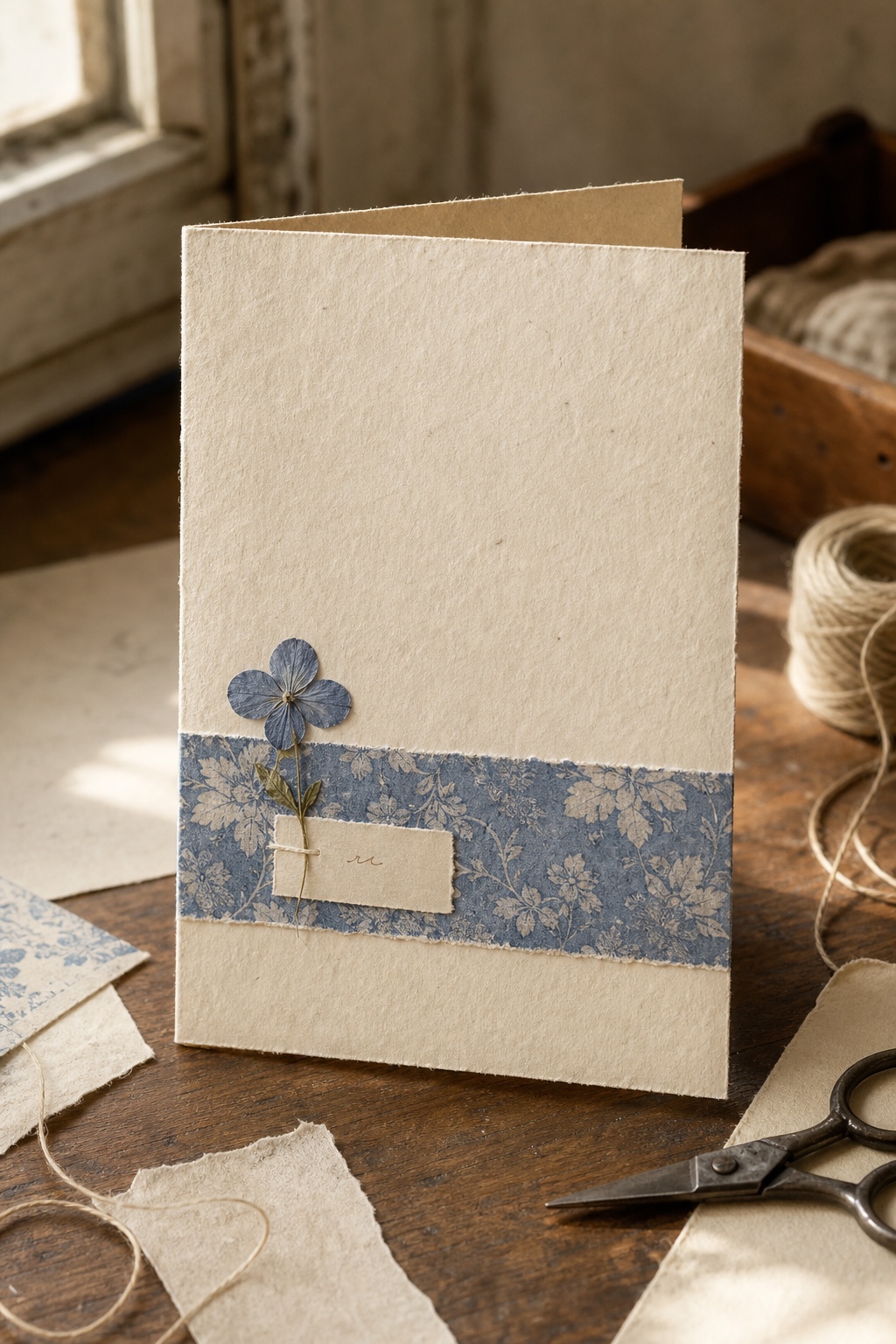 Handmade card with one blue floral paper strip and a tiny pressed flower