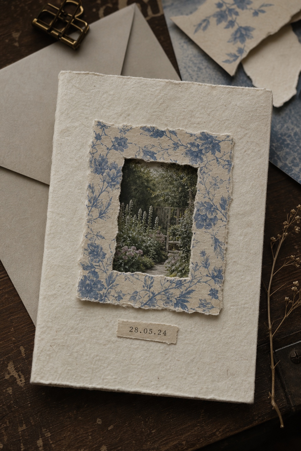 Handmade card with a torn blue paper window around a quiet garden image