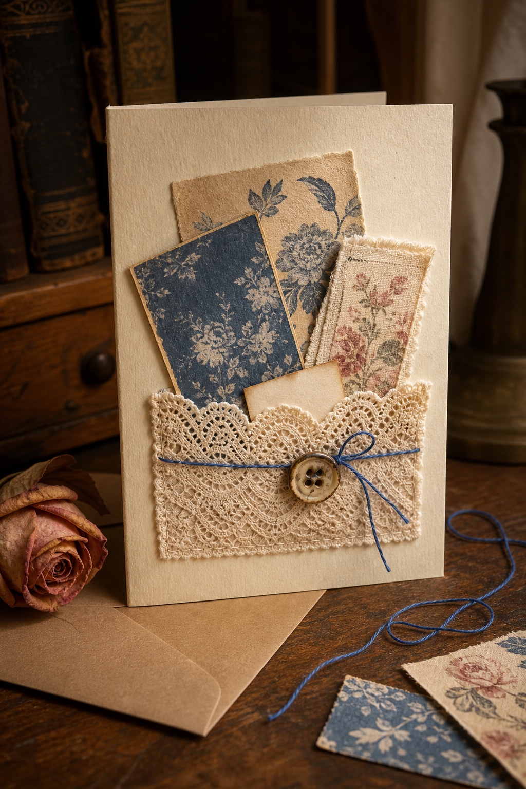 Handmade pocket card holding three coordinated paper scraps, thread, and a tucked note