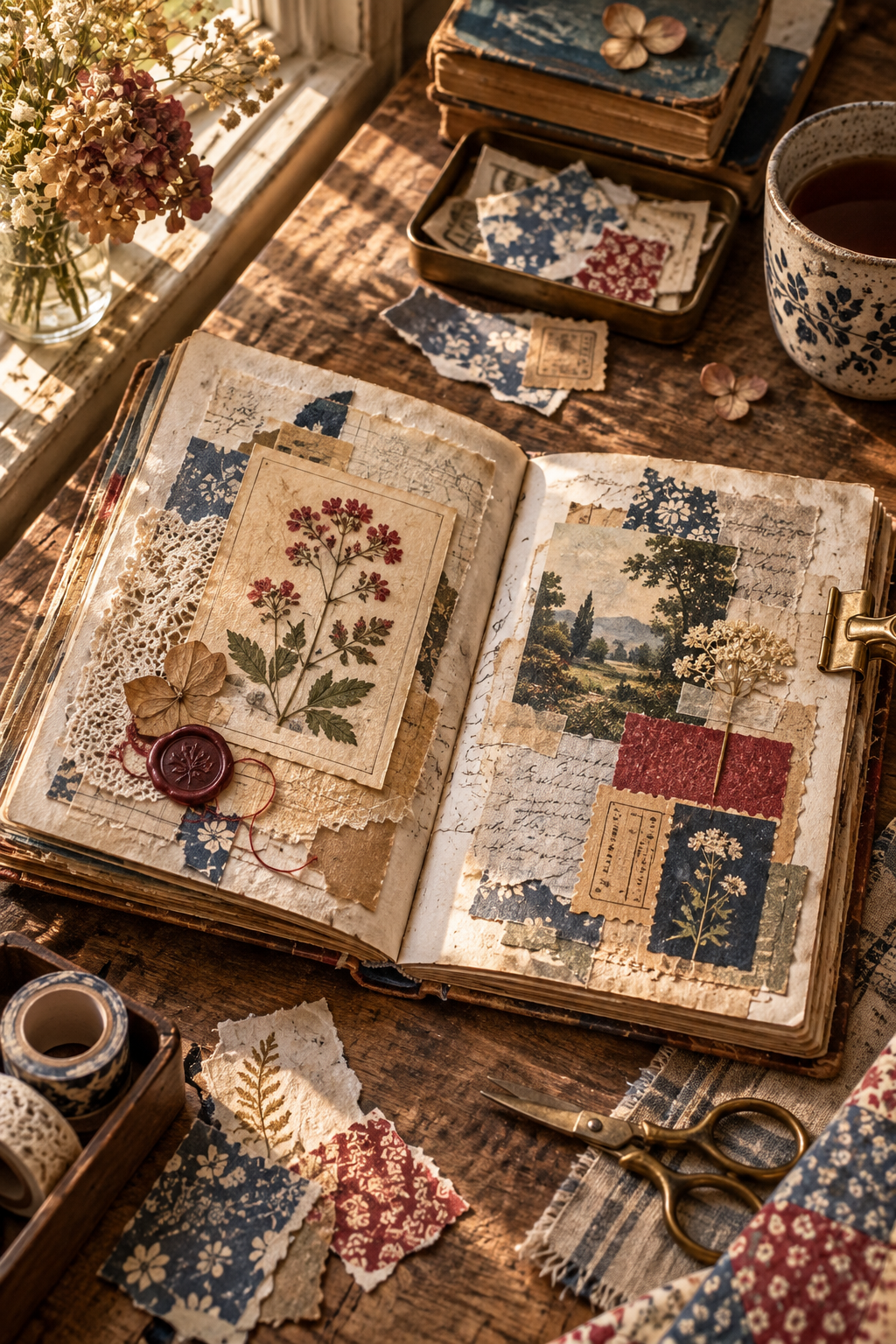 A richly layered journal spread with balanced botanical ephemera clusters