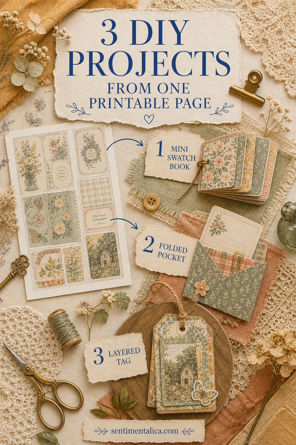Three DIY paper projects from one printable page: a mini swatch book, folded pocket, and layered tag