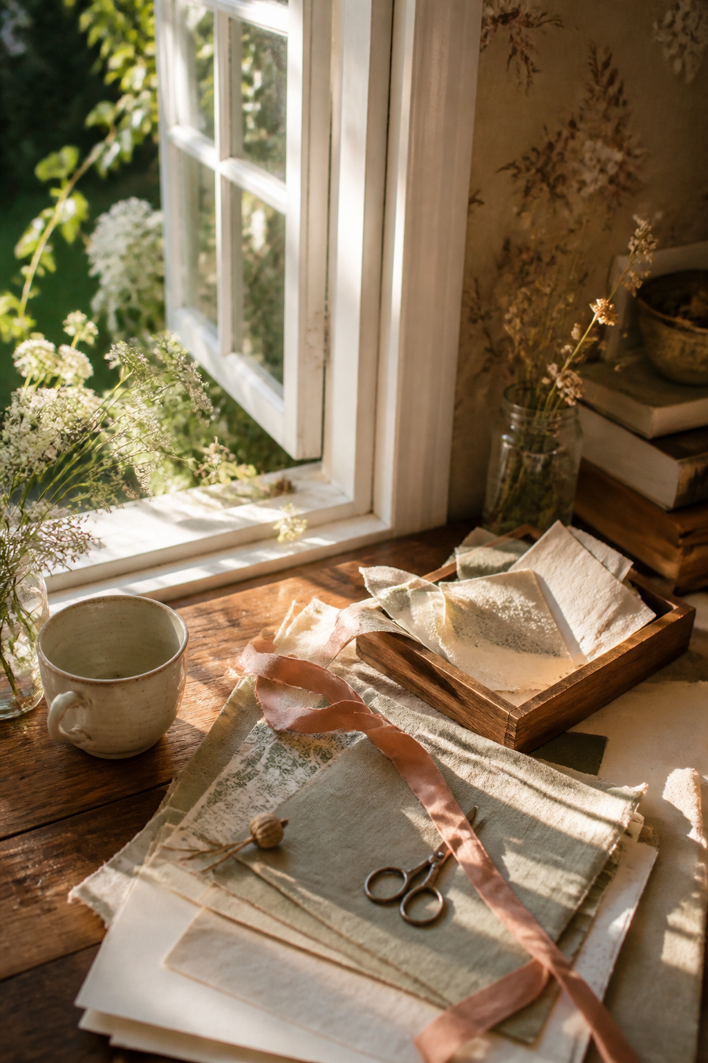 Warm garden-side paper craft workspace with cream scraps and vintage tools