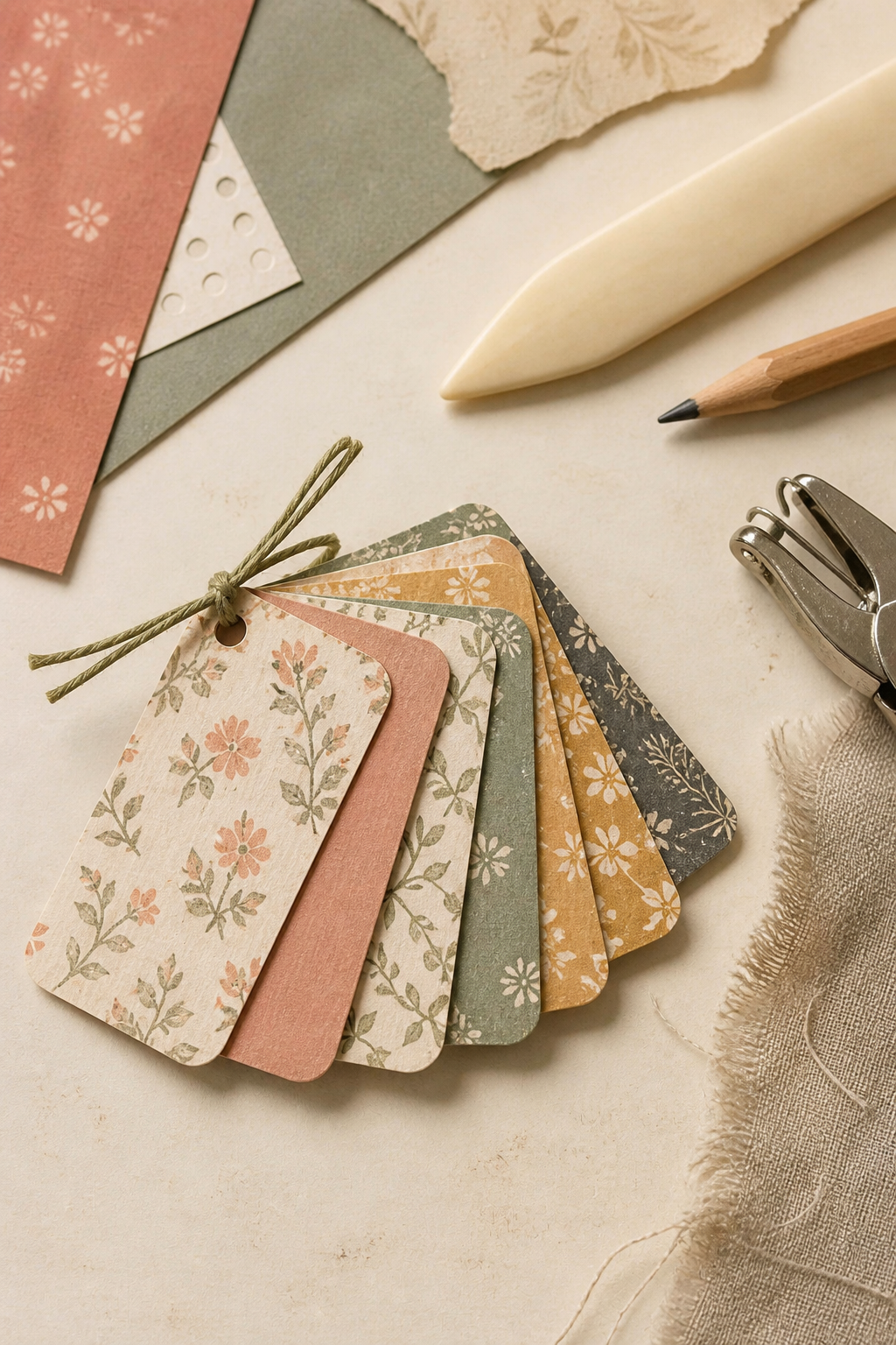 Finished mini paper swatch booklet tied with thread on a vintage craft table