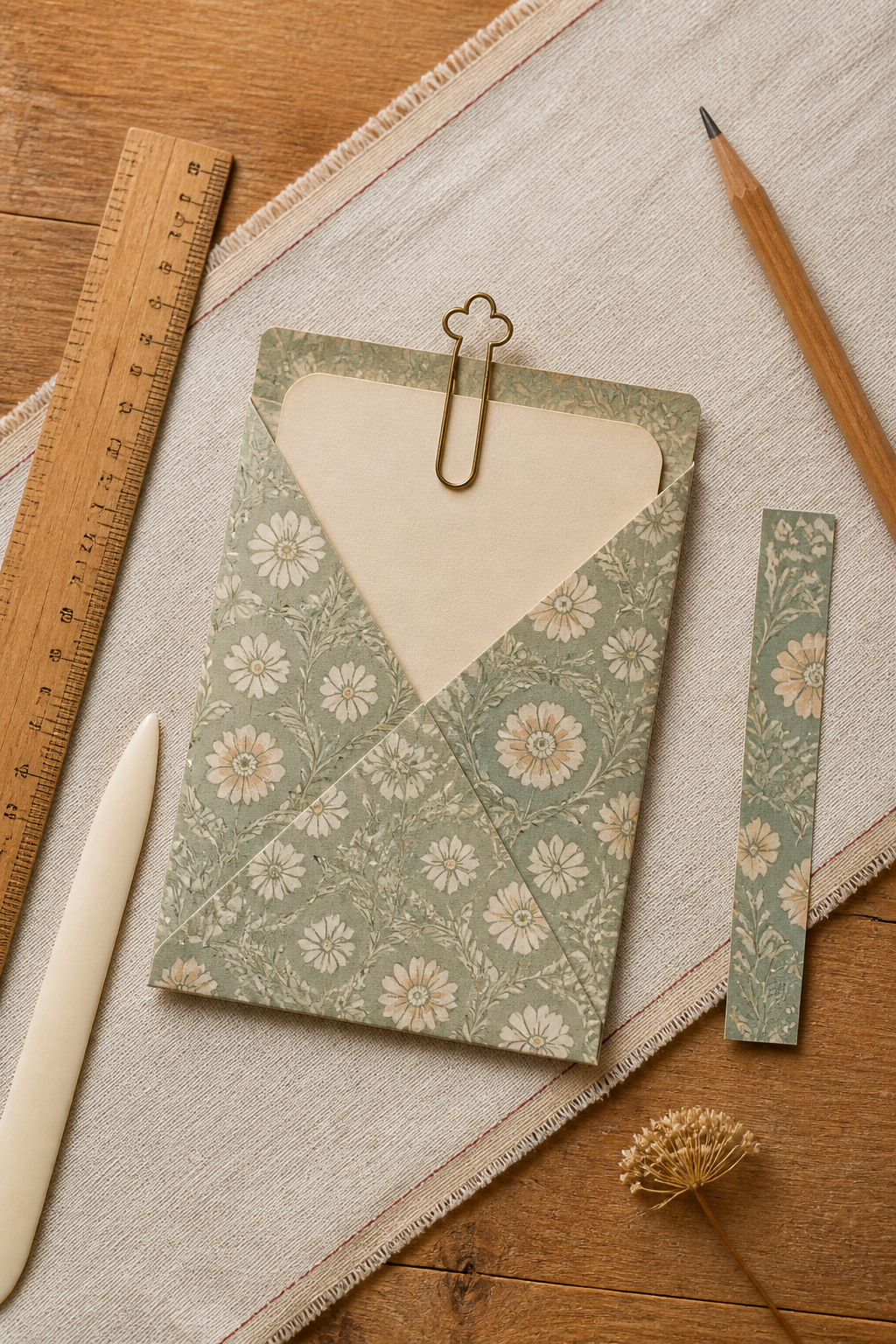 Small folded printable paper pocket holding a cream note card