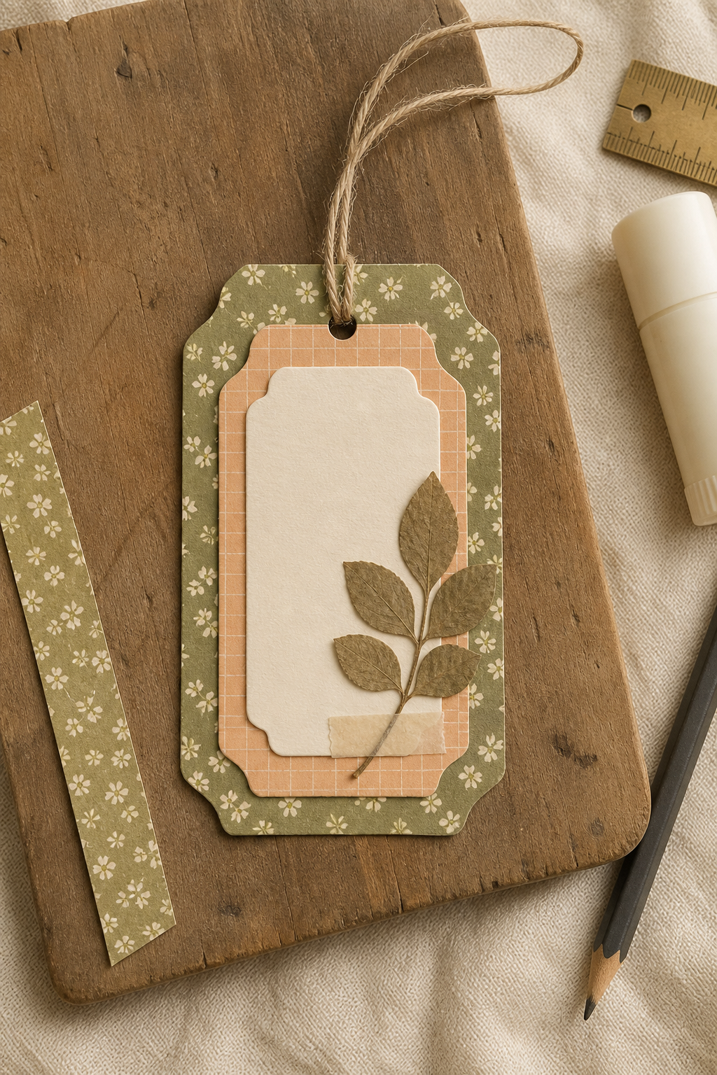 Layered printable paper tag with torn edges, thread, and a dried leaf