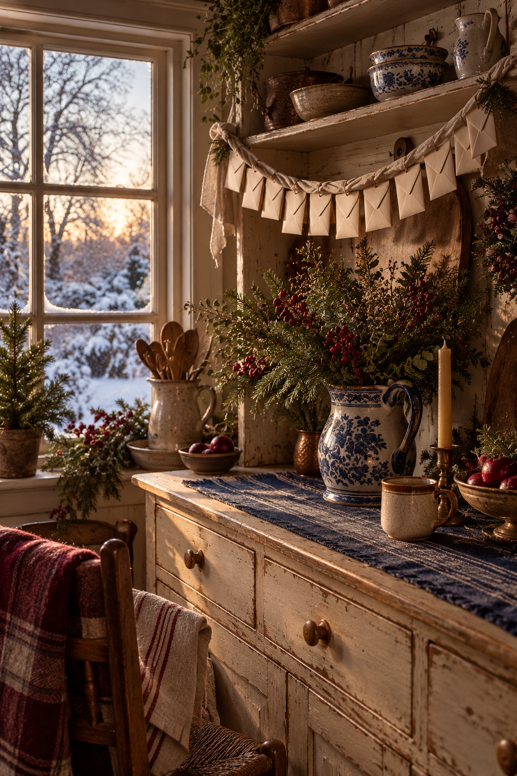 Small Advent envelopes hung above a cottage dresser beside a winter window