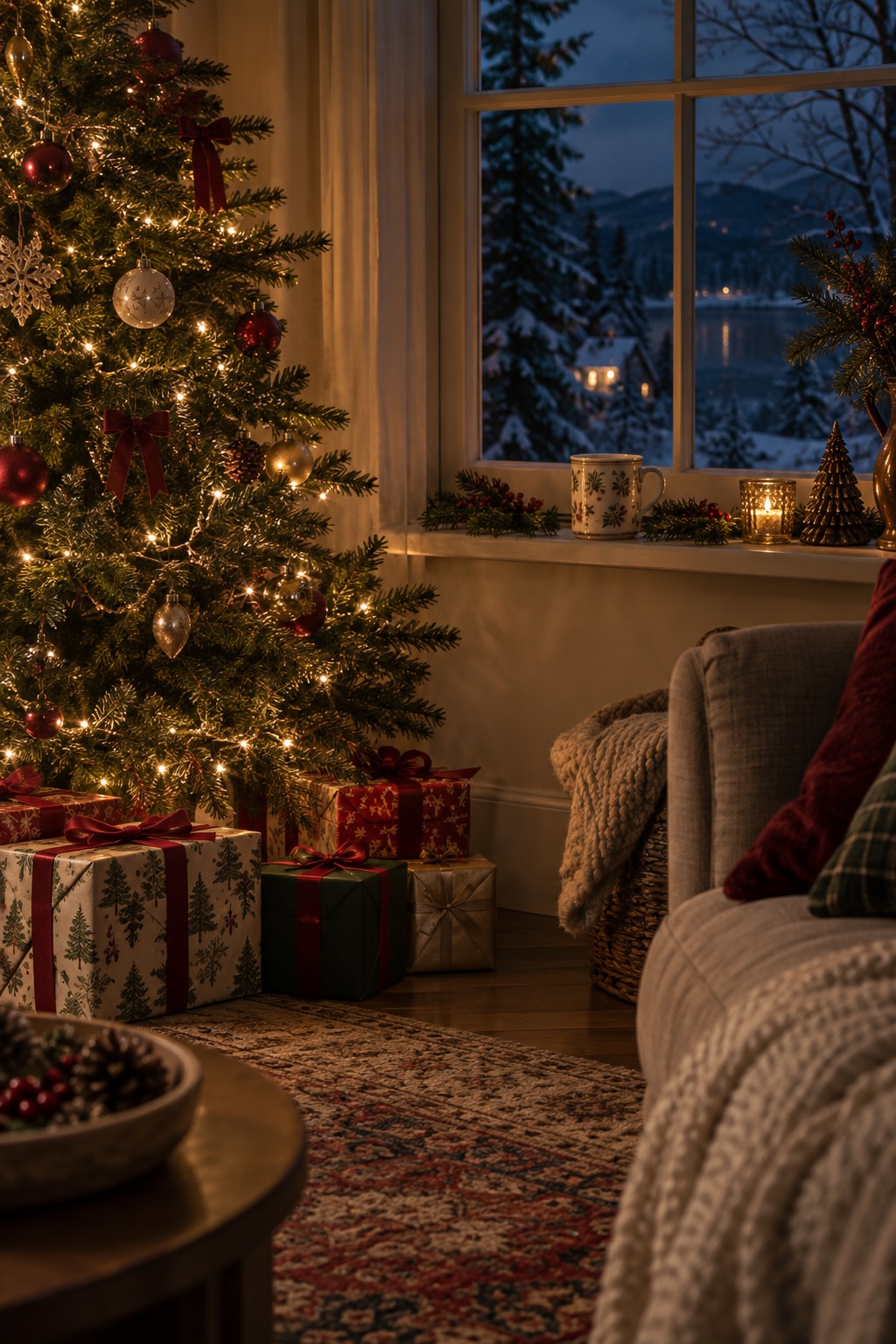 Christmas Eve room at blue hour with tree lights, candles, and a peaceful place prepared for family traditions.