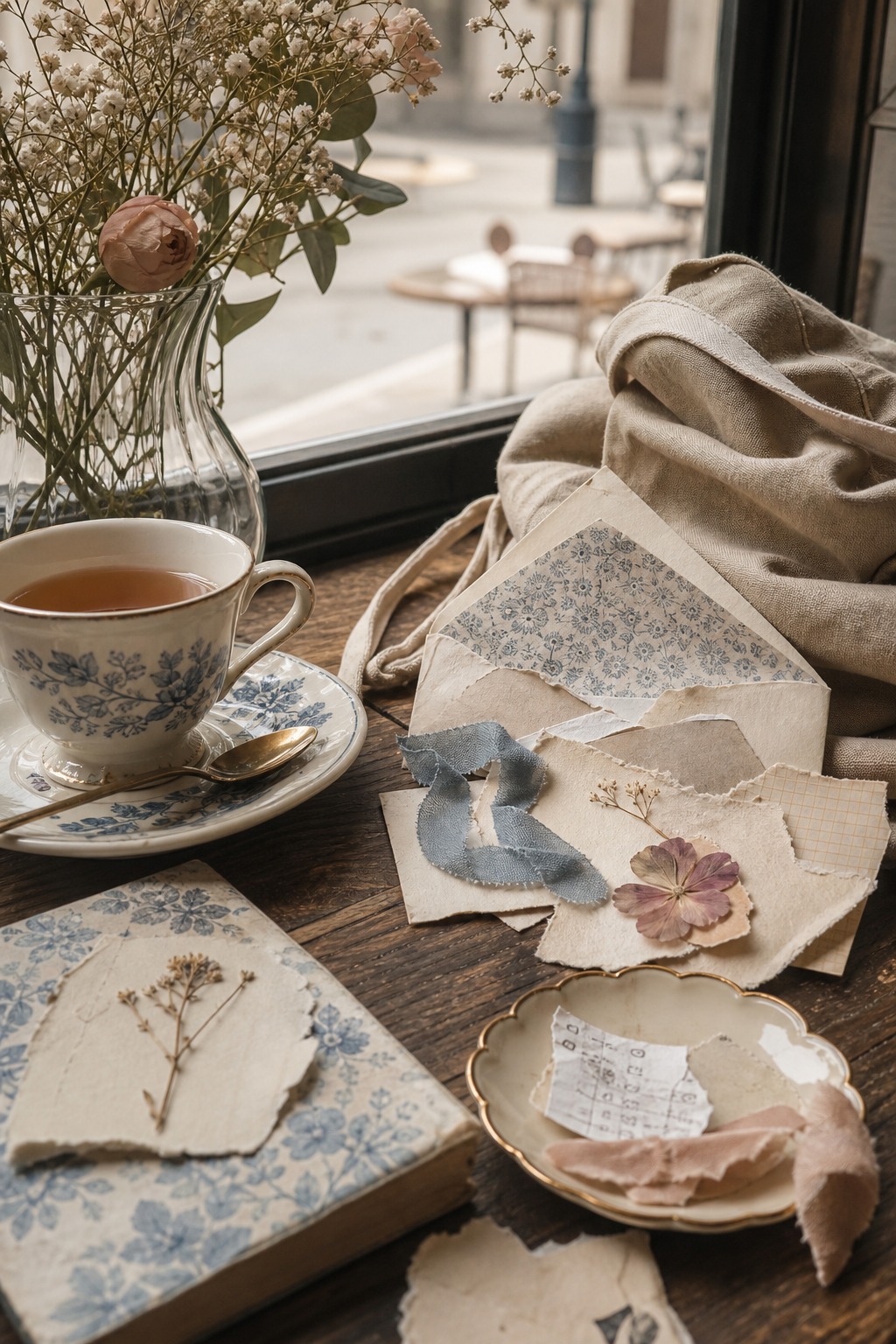 Cafe table with collected paper scraps and tea
