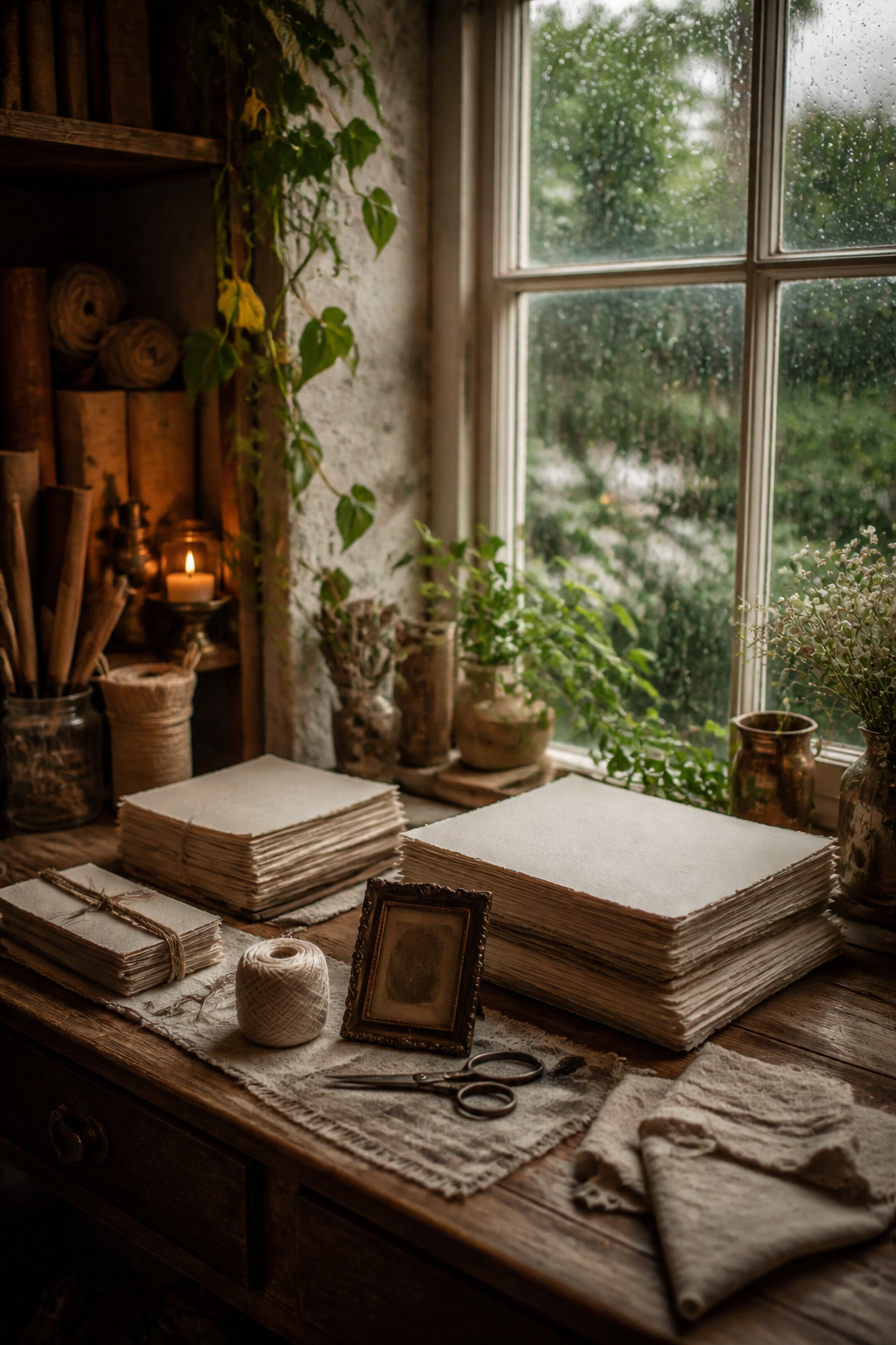 Rainy bookbinder studio with deckled paper and linen thread