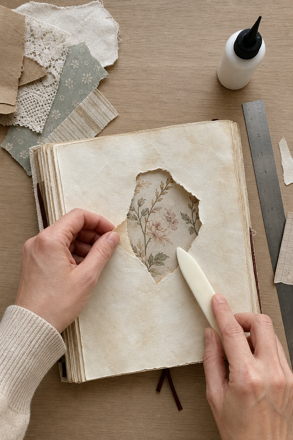 Hands forming an irregular torn window over a botanical paper layer