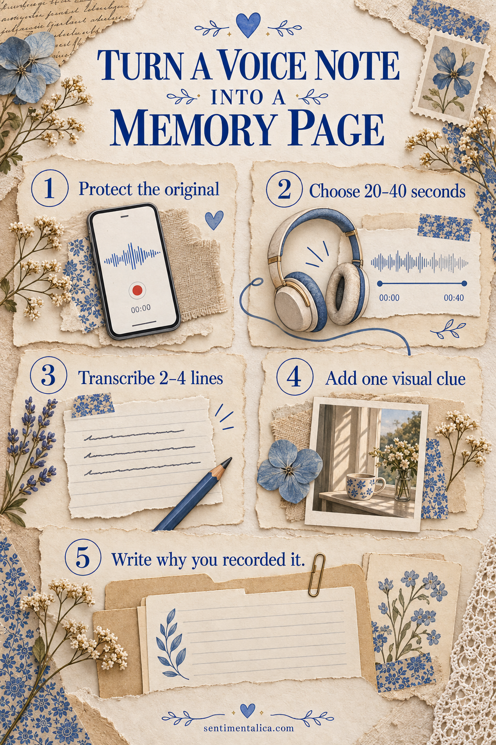 Five-step illustrated guide for turning a voice note into a simple memory page